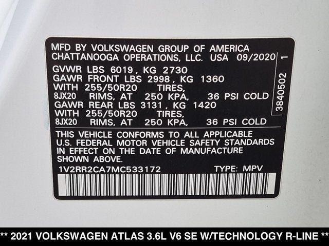 2021 Volkswagen Atlas 3.6L V6 SE w/Technology R-Line